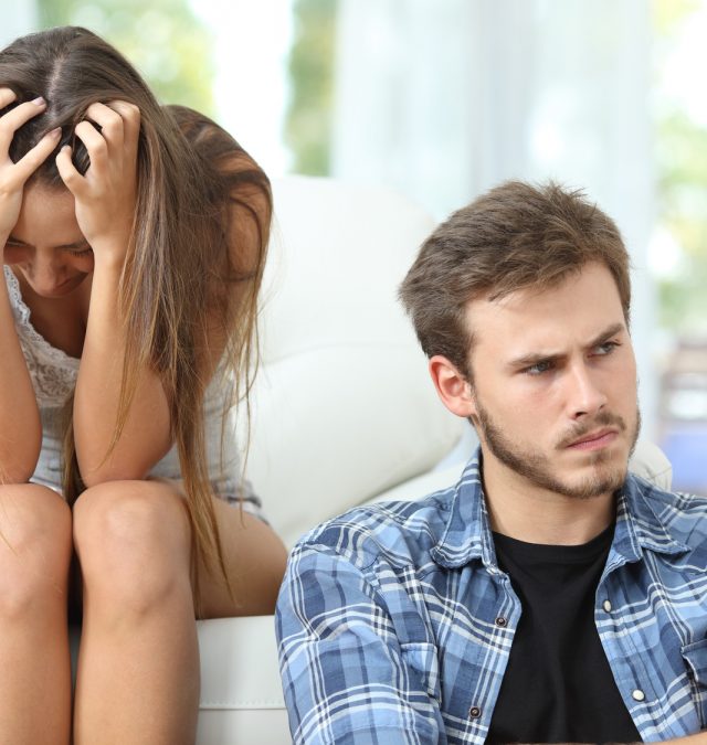 Couple or marriage angry and sad after argument a couple thinking of breaking up